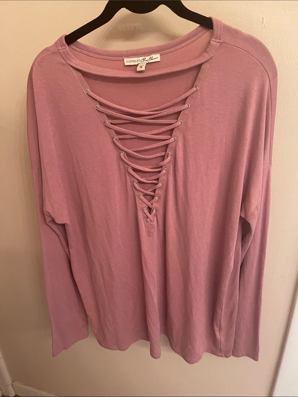 Express Mauve Lace-Up V-Neck Long Sleeve Top